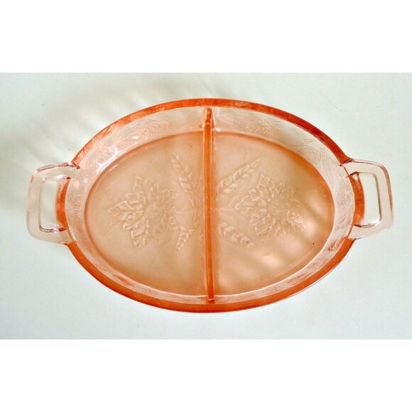 Jeannette Pink Glass Floral Poinsettia Divided Relish Oval Handled Dish 1931-35 - Picture 2 of 3